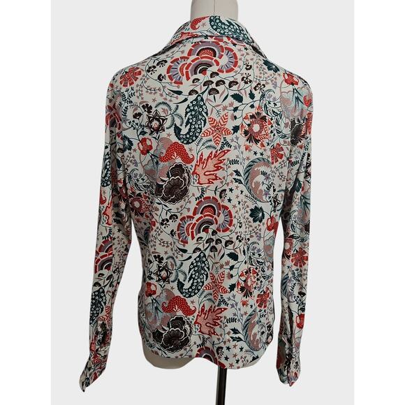 Vntg 70s Cricket Lane Blouse Cottage Retro White Orange Brown Floral Shirt L BU - Picture 2 of 4